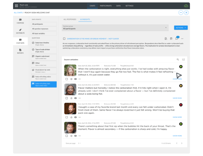 Screenshot of Rival's AI Insights interface showing a market research study on soda preferences with supporting source verbatims from participants, each displaying relevance and thoughtfulness scores.