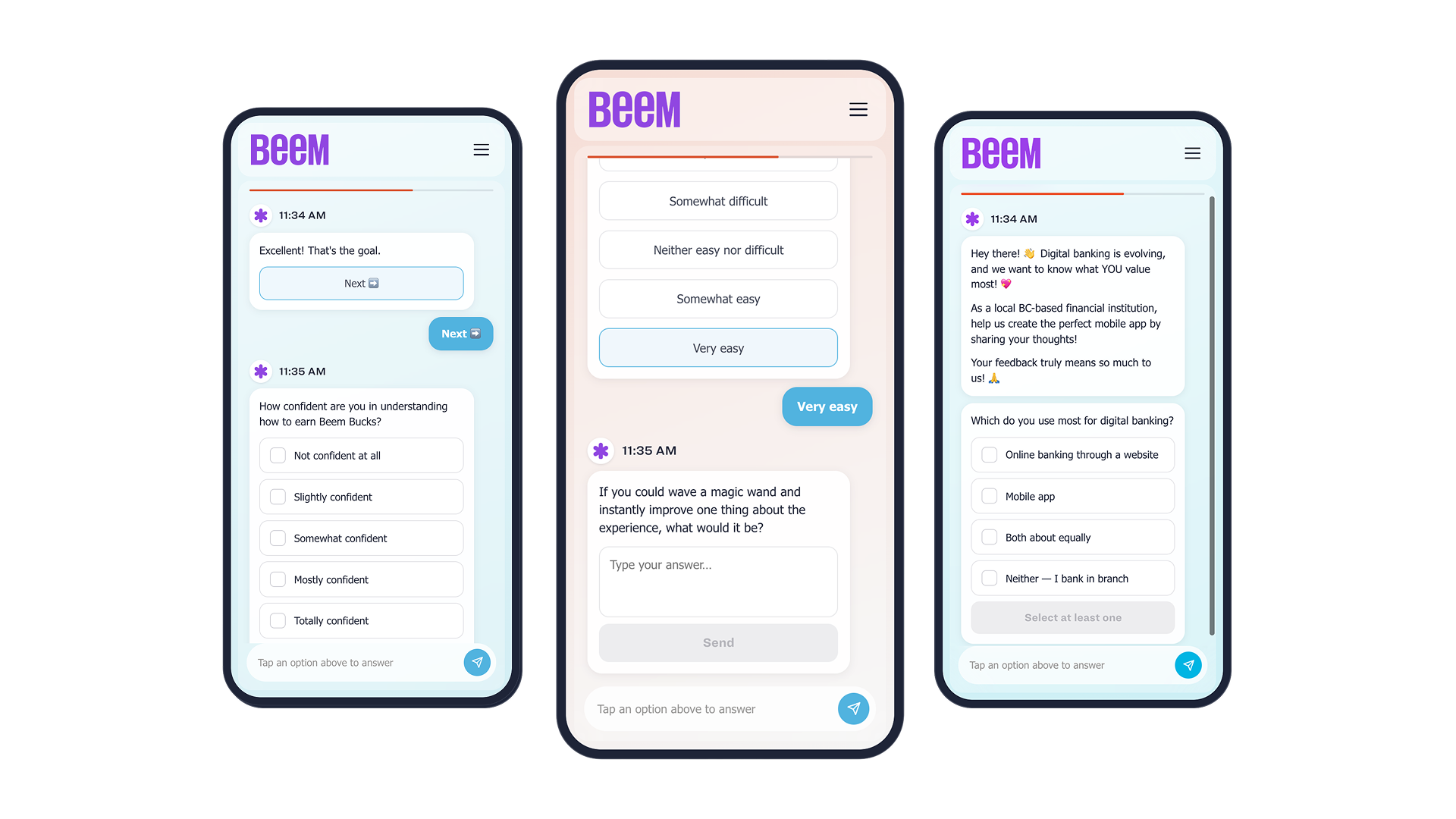 Examples of Rival mobile-first surveys sent out by Beem Credit Union