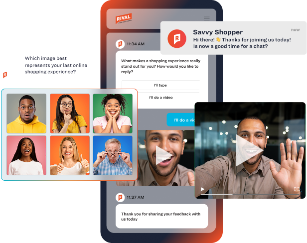 Rival mobile chat survey where a participant answers an image-choice question and records video responses about their shopping experience.
