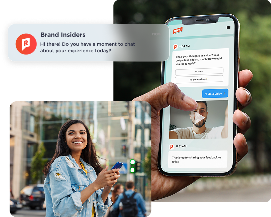 A smiling woman outdoors holding a phone, next to a smartphone screen showing the Rival chat interface where a user selects a video response option to a Brand Insiders survey