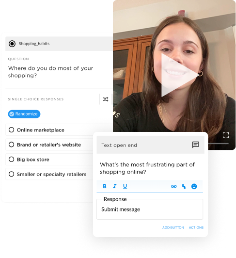 A respondent recording a video response to a shopping habits question, alongside the survey builder interface showing a single-choice question and an open-ended text question about online shopping frustrations.