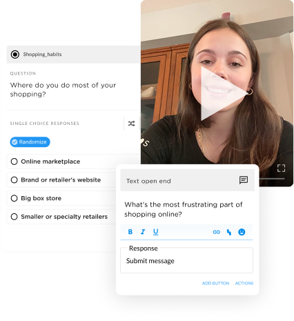 Rival survey builder showing a multiple-choice question about shopping habits, a participant's video response, and an open-ended text question.