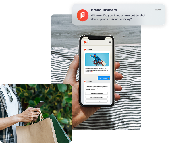 Rival chat survey inviting a shopper to answer questions about his shopping habits, mid-errand with shopping bags in hand.