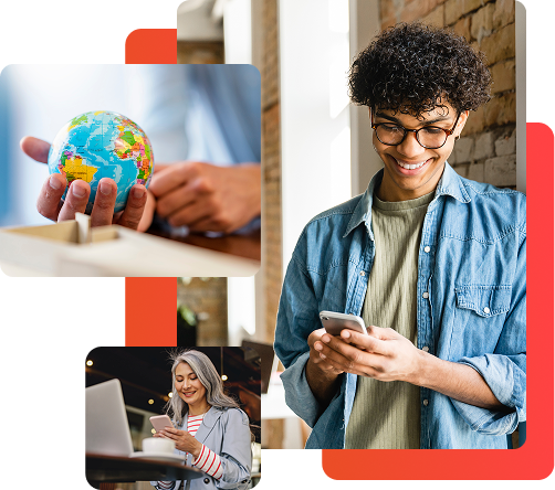 Collage of diverse global consumers checking their phones, with a globe symbolizing worldwide panel reach.