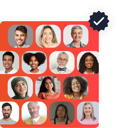 Grid of diverse, verified panel members of different ages, ethnicities, and backgrounds, with a checkmark badge signaling Rival's human-verified respondent quality.