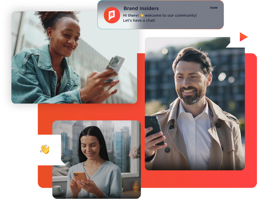 Three people smiling while using their smartphones, with a 'Brand Insiders' community welcome notification overlaid on the image