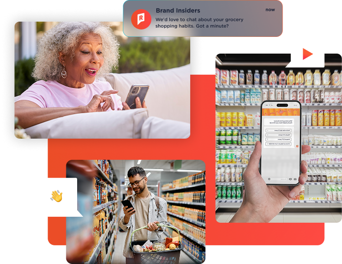 Consumers sharing in-the-moment feedback via chat and mobile survey while grocery shopping.
