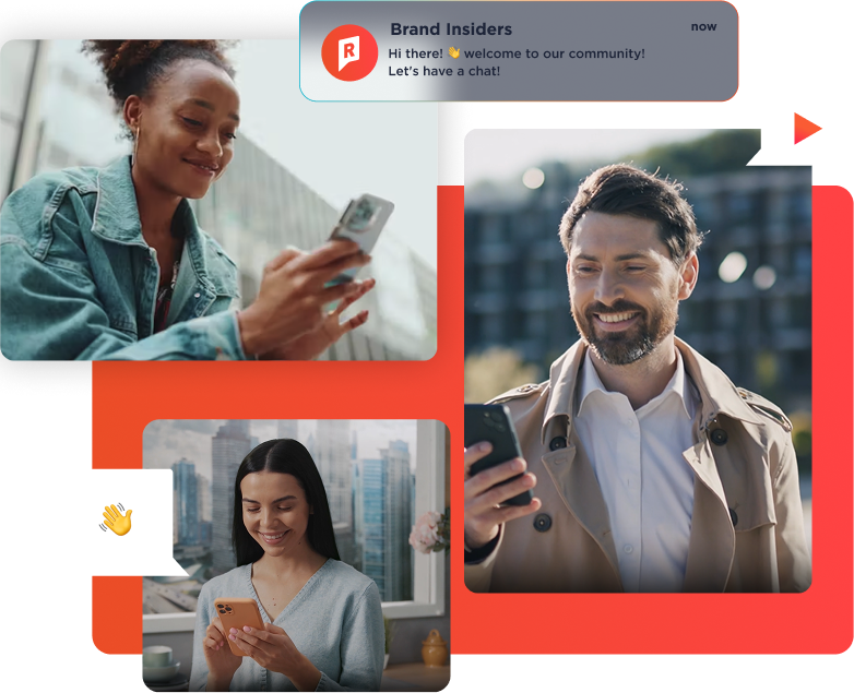 Three people smiling while using their smartphones, with a 'Brand Insiders' community welcome notification overlaid on the image