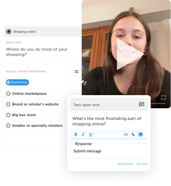 Survey builder interface showing a single-choice question asking 'Where do you do most of your shopping?' with randomized answer options including Online marketplace, Brand or retailer's website, Big box store, and Smaller or specialty retailers. Overlapping it is a video thumbnail of a smiling woman, and a text open-end question card asking 'What's the most frustrating part of shopping online?' with a response field and Submit message button.