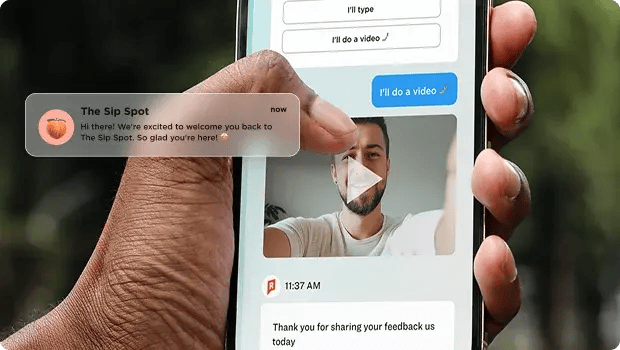Rival chat survey on a phone with a branded notification inviting a participant to respond