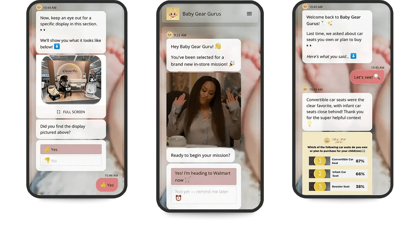 Three mobile screens showing the Baby Gear Gurus insight community in action, including an in-store Walmart mission, a video survey response, and car seat preference results.