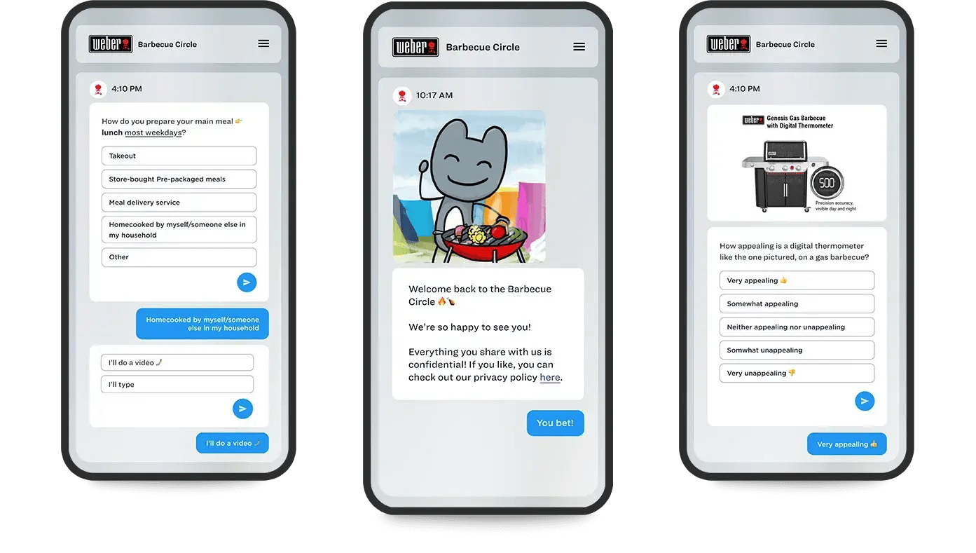 Mobile chat-based survey interface showing Weber’s Barbecue Circle community answering questions and sharing feedback