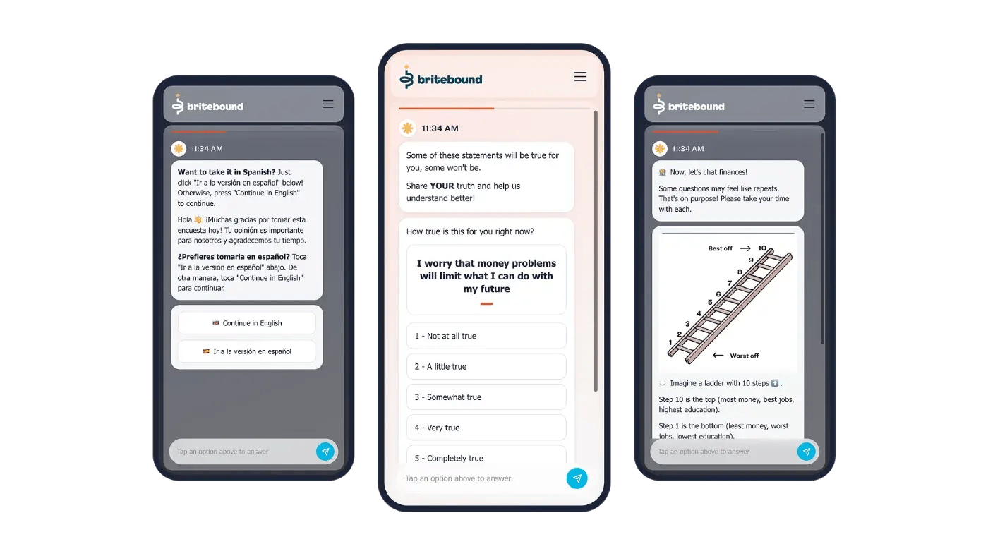 Britebound chat survey shown on three phones