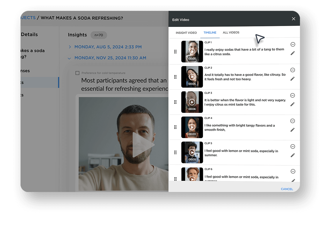 Rival video insights timeline showing AI-clipped participant responses