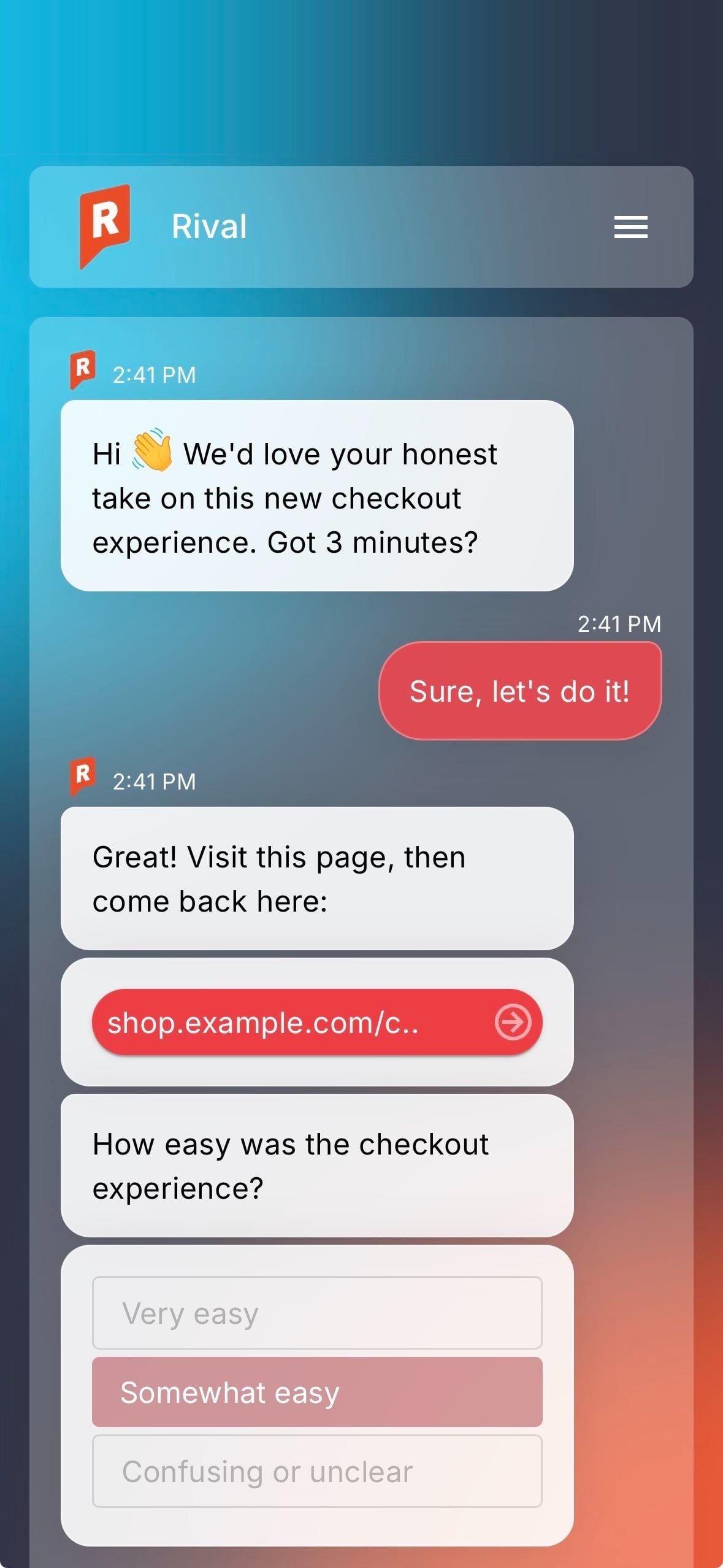 Market Pulse mobile survey — a live checkout-experience study running in a chat thread