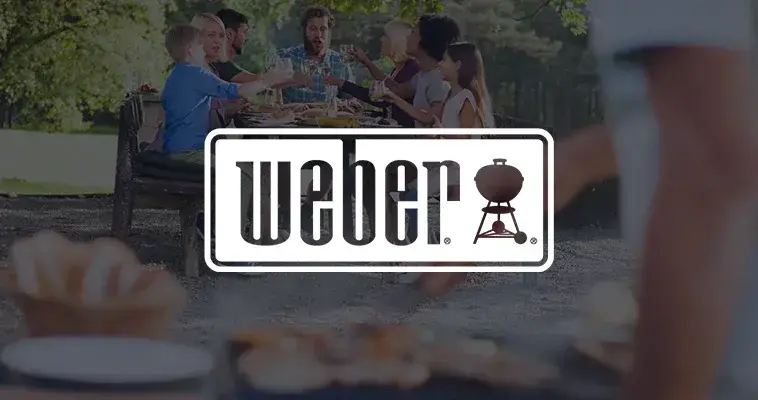 Weber logo over a backyard barbecue scene with people gathered around a table outdoors